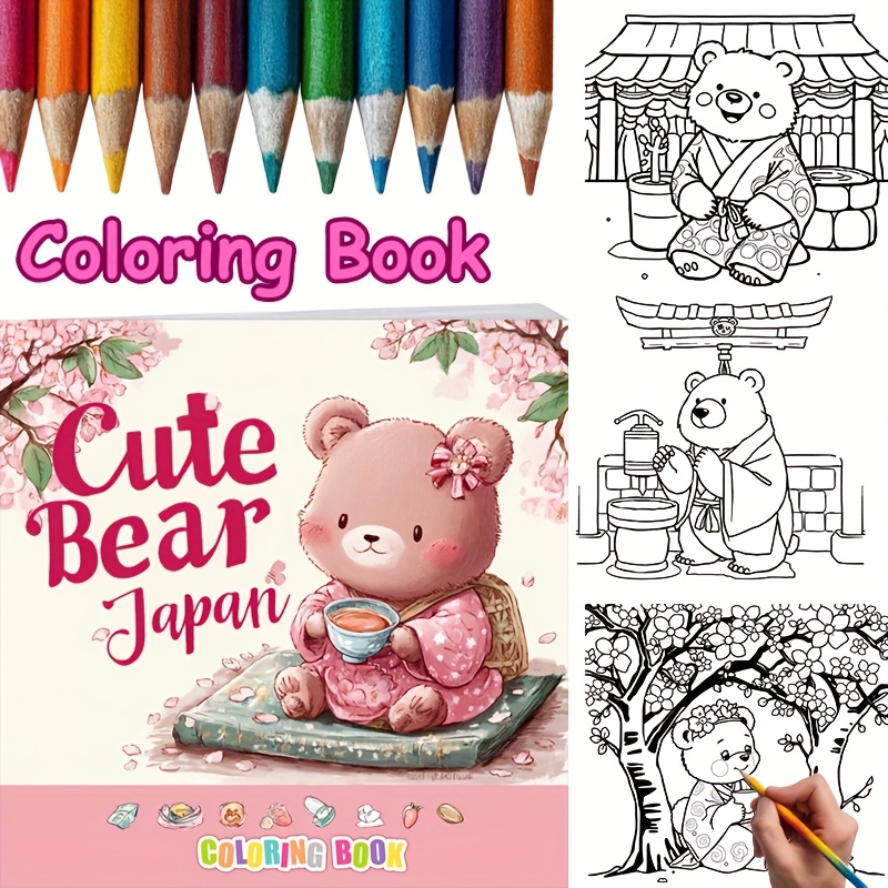 Adult Coloring Book Stress Relief - 28 Pages Cute Bear in Japan